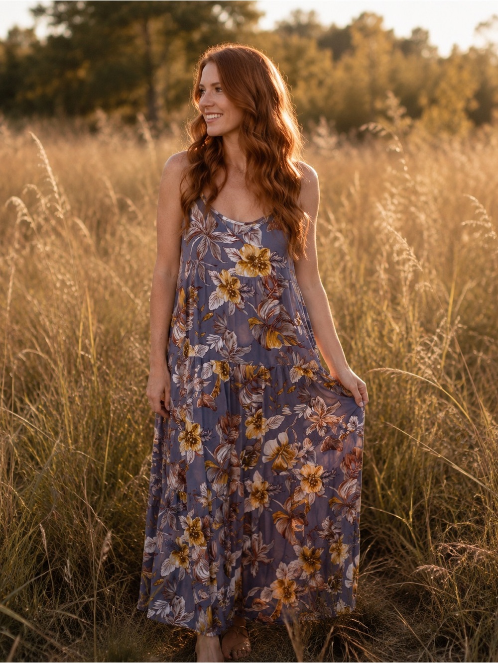 Taylor Grace Sleeveless Floral Maxi Dress in Dusty Blue and Yellow